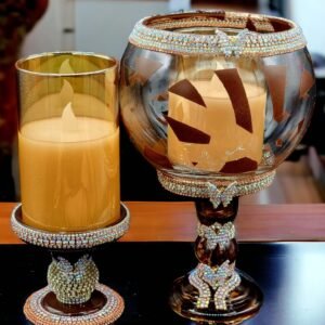 Brown Etched Glass Candle Holder with Flameless Candle on a Table