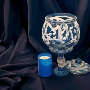 Peacock Blue Glass Candle Holder with Flameless Candle & Lid