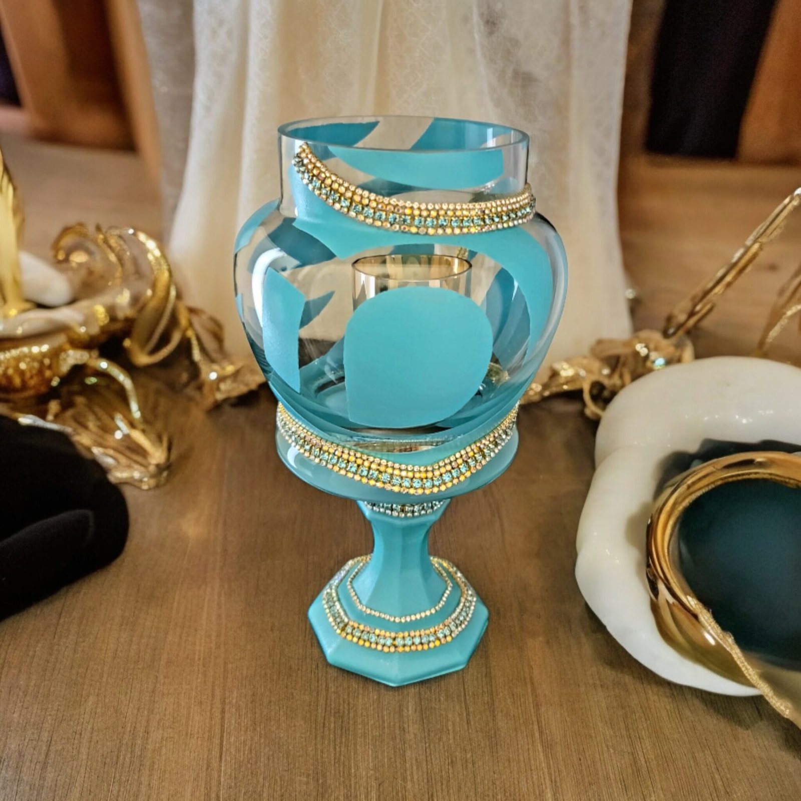 staged on brown wooden decorated table