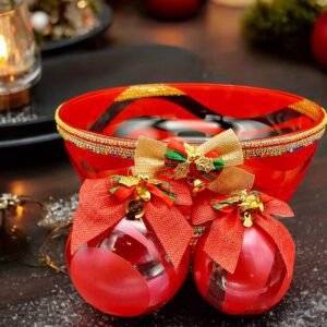 red glass bowl with ornaments, Christmas centerpiece