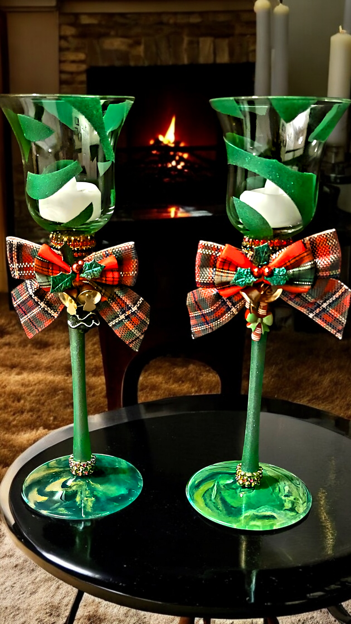 Hand-painted long stem candle holders with green and gold design and LED tea lights